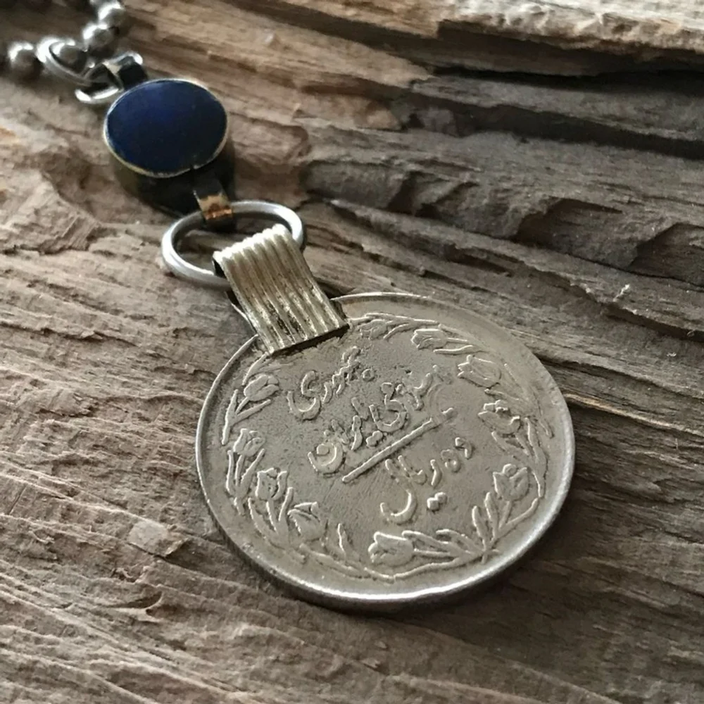 Rustic Lapis Lazuli Ethnic Coin Charm Necklace - 30 Inch Chain